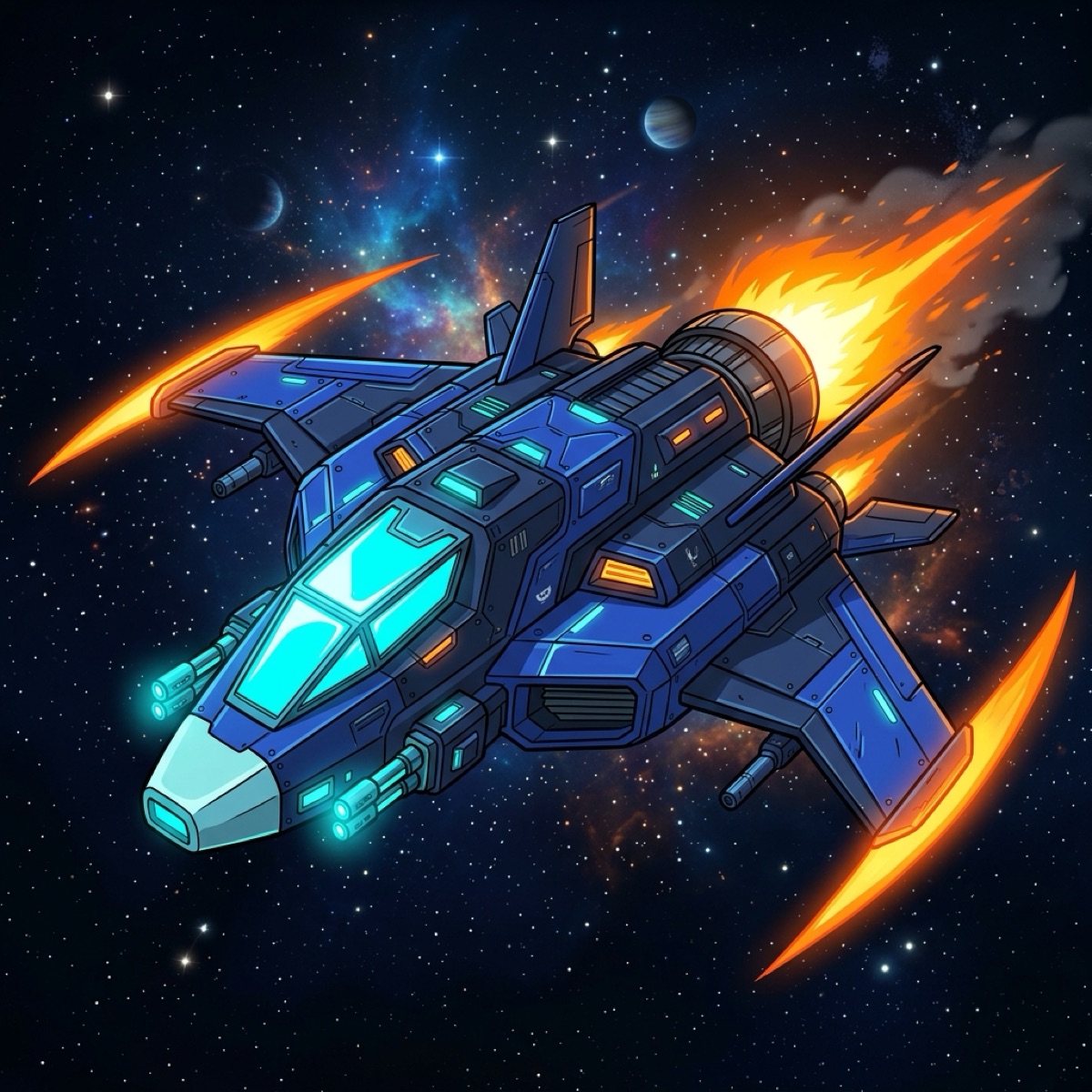 Voidmachia key art — a fighter ship boosting through space