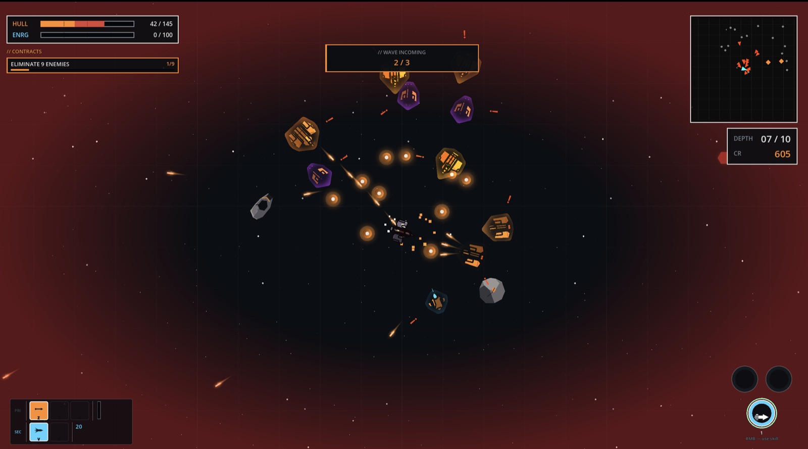 Dogfight in a red nebula sector with incoming enemy wave