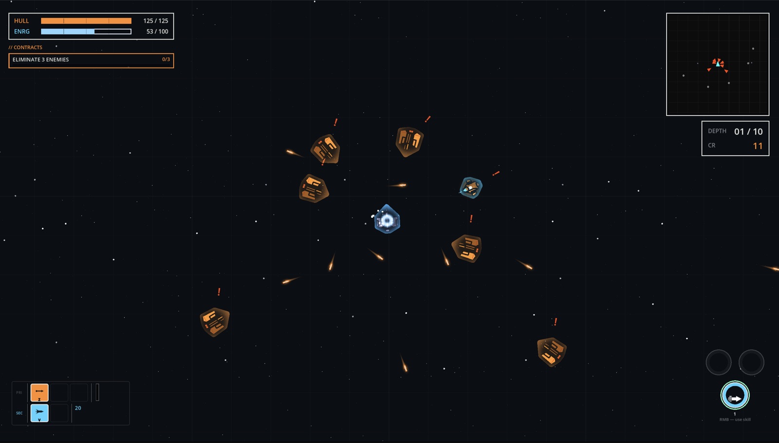 Top-down combat against a squadron of enemy ships